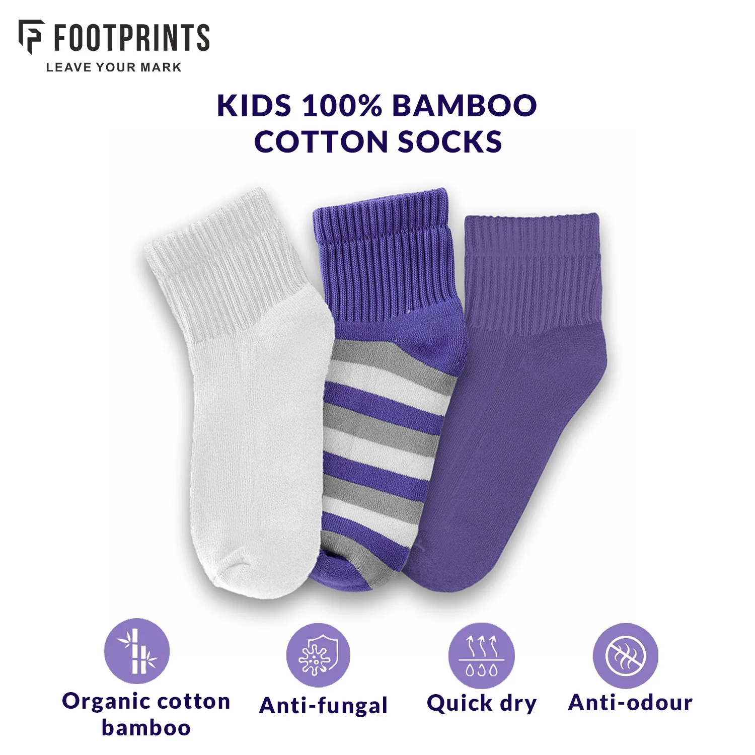 Anti-Odor Bamboo Full Length Terry Socks for Kids | Smell Free & Breathable | Anti-Bacterial| All- Day Comfort | White & Purple | Pack of 3 - Image 6