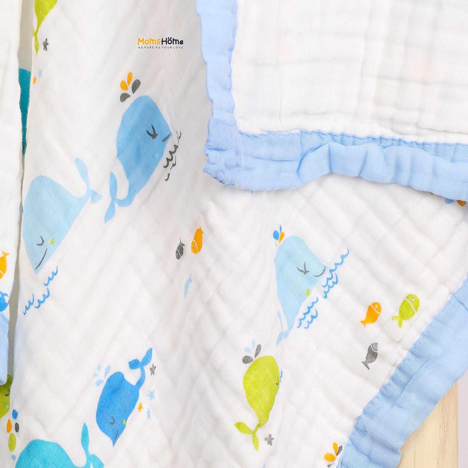 Baby Muslin 6 Layer Muslin blanket Cum Towel - 100X100 CM - (0-3 Years) Pack Of 1 Blue Whale - Image 3