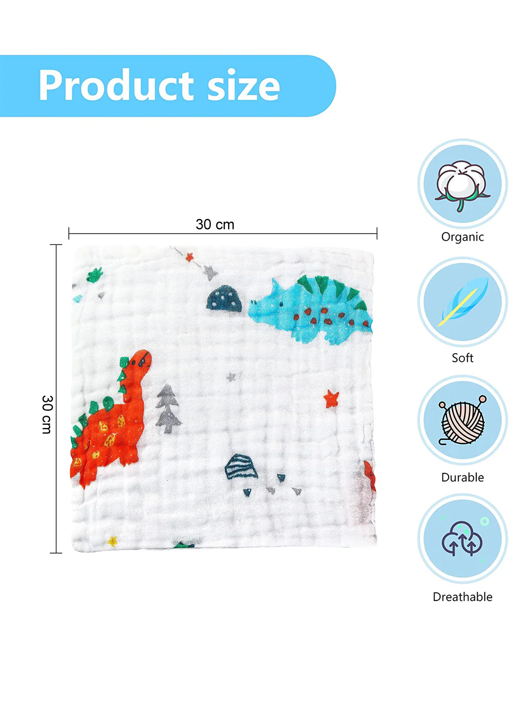 Baby Muslin 6 Layer Wash Towel- 100X100 CM - (0-3 Years)- White and Pack of 5 Napkins - Image 4