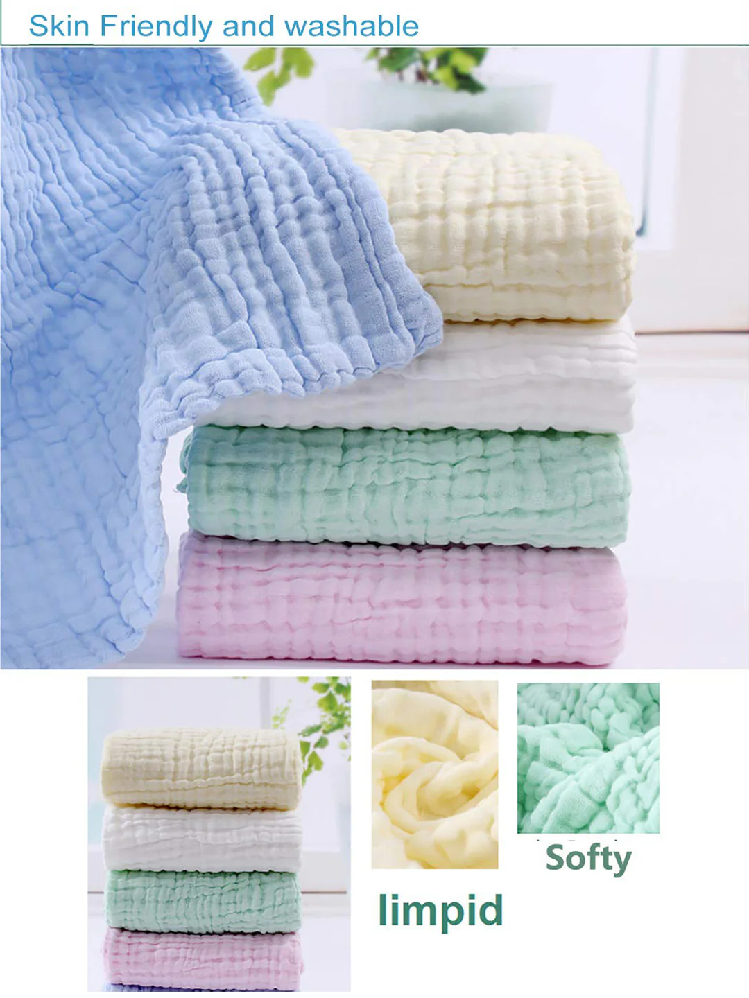 Baby Muslin 6 Layer Wash Towel- 100X100 CM - (0-3 Years)- White and Pack of 5 Napkins - Image 7