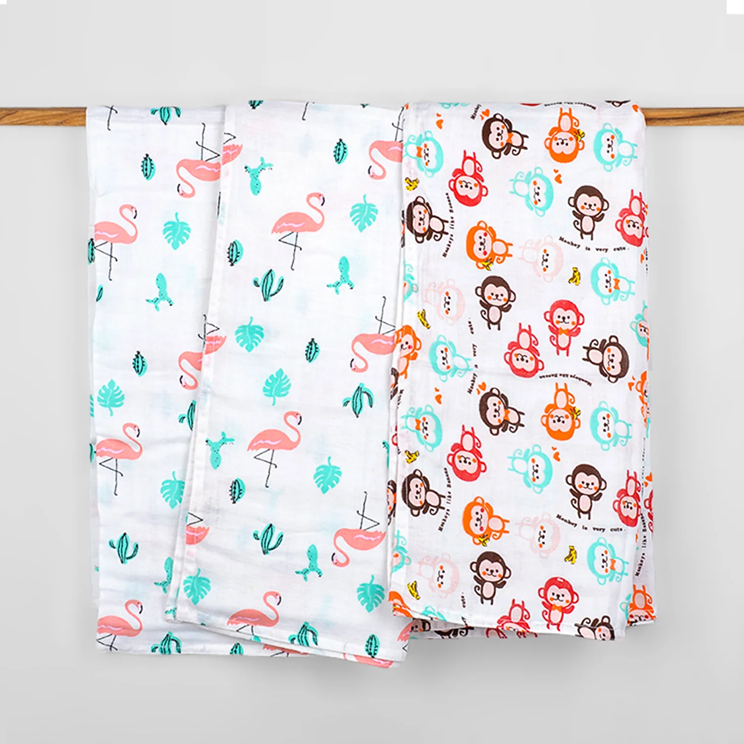 Baby Muslin Swaddle - 100x100 cm- Pack of 2- Flemingo  & Monkey - Image 7