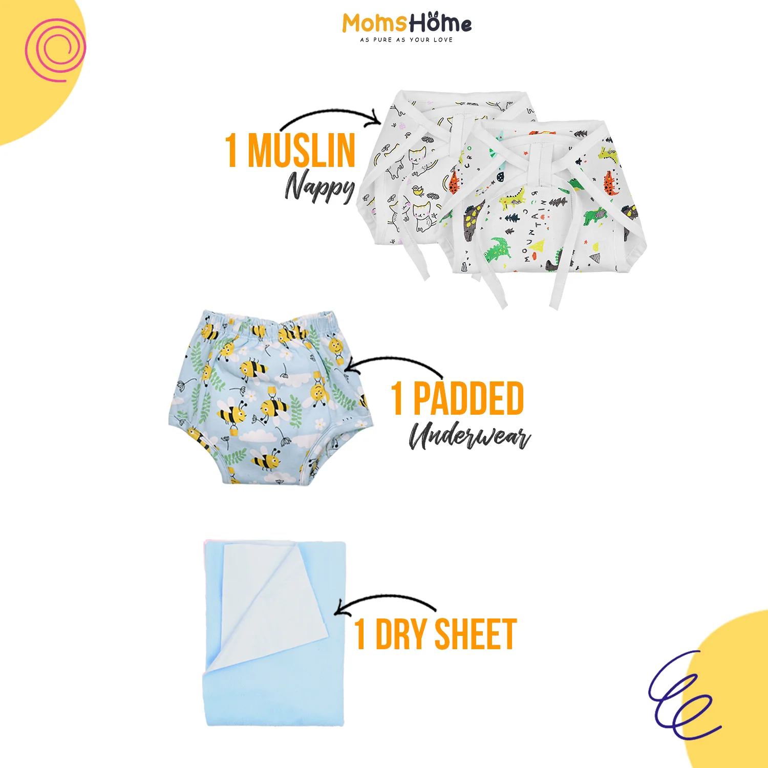 Baby Unisex Nappy Combo 1 Dry sheet, 2 Muslin Nappy, 1 Padded Underwear | 0-12 Months | Multicolor - Image 2