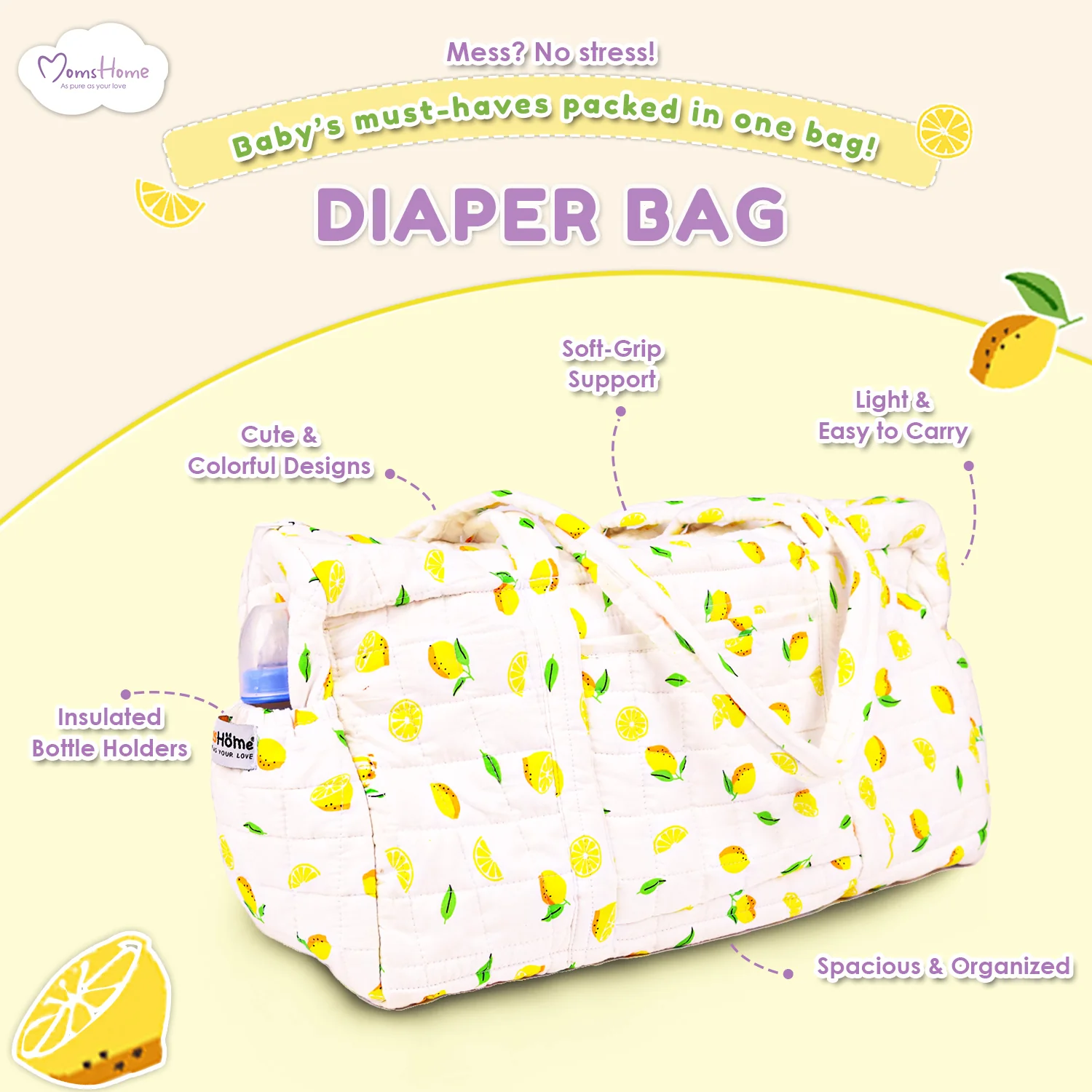Baby Organic Cotton Diaper Carry Bag For Mothers | Lemon - Image 6