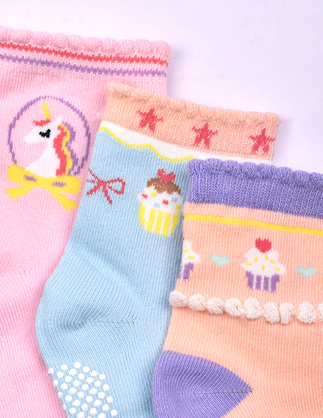 Baby Organic Cotton Girls Antiskid Socks, Patterned Mix Designs - Pack of 3 - Image 4