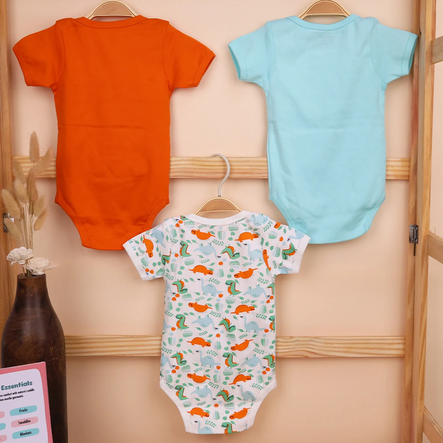 Baby Organic Cotton Onesie | Blue, Orange, Dino | Pack of 3 - Image 3