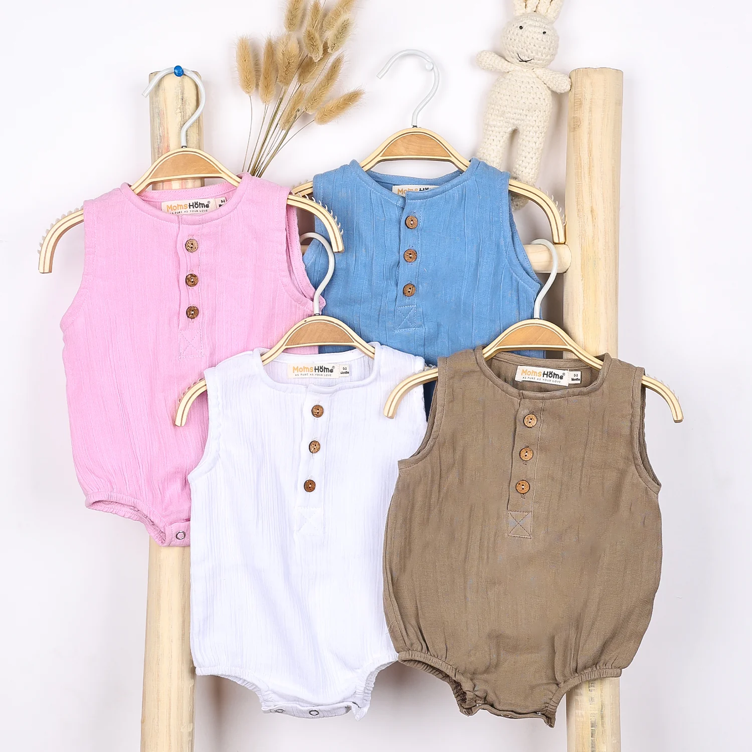 Baby Organic Cotton Onesie | White, Pink , Blue , Light Brown | Pack of 4 - Image 6