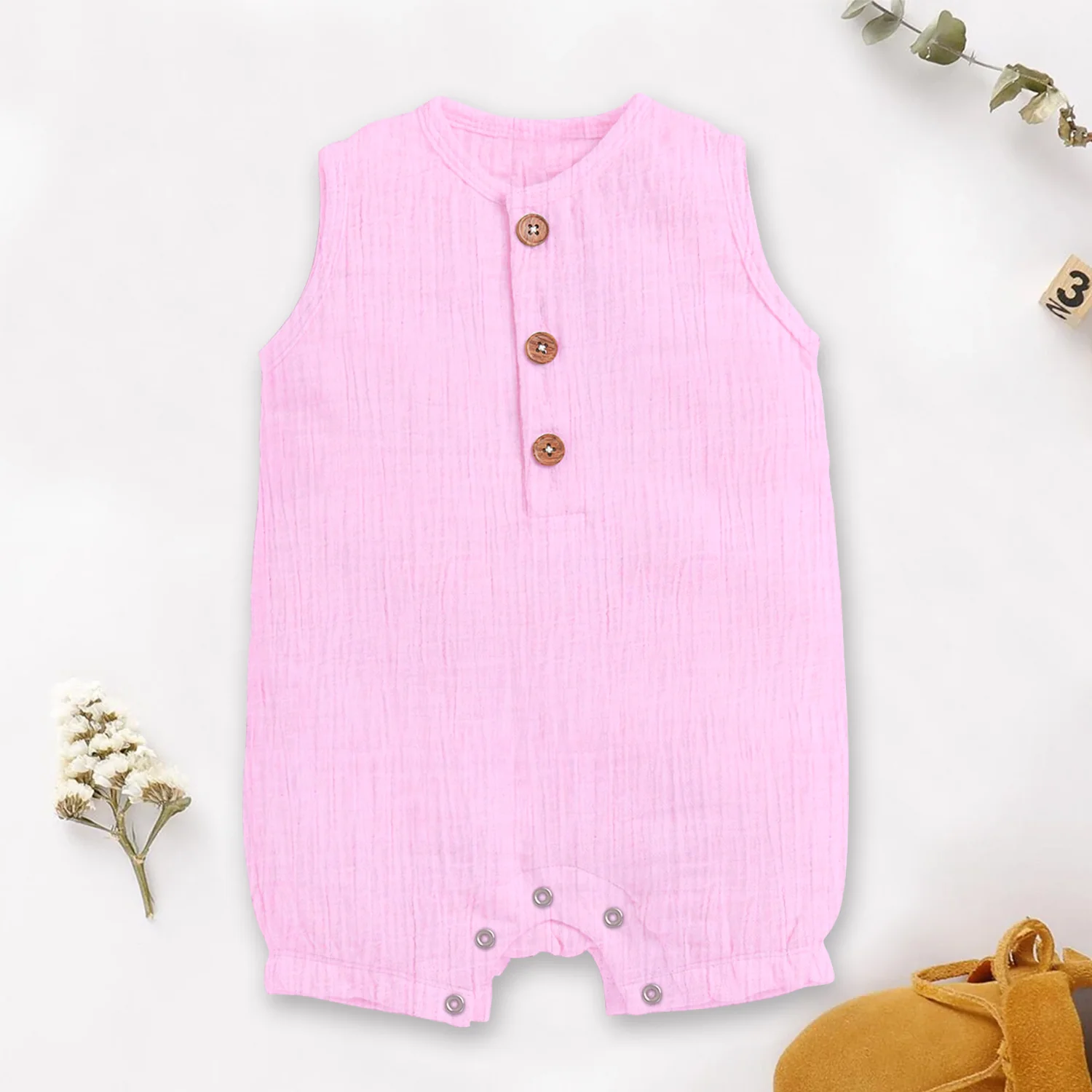 Baby Romper | Sleeveless Romper For Girls | Organic Cotton Super Soft Baby Sleepsuit | Pink | Pack of 1 - Image 3