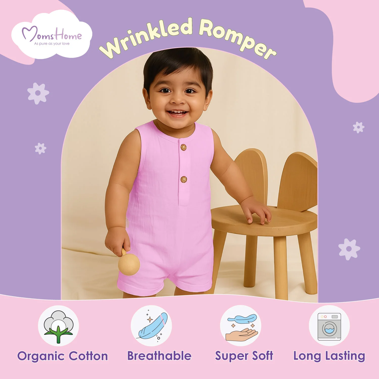 Baby Romper | Sleeveless Romper For Girls | Organic Cotton Super Soft Baby Sleepsuit | Pink | Pack of 1 - Image 4