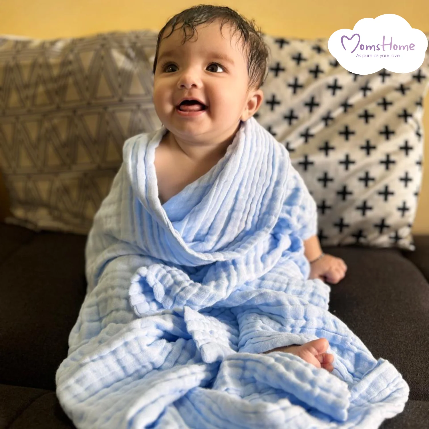 Baby Super Soft Absorbent Muslin 6 Layer wash Towel-100X100 CM-(0-3 Years)- Blue - Image 7