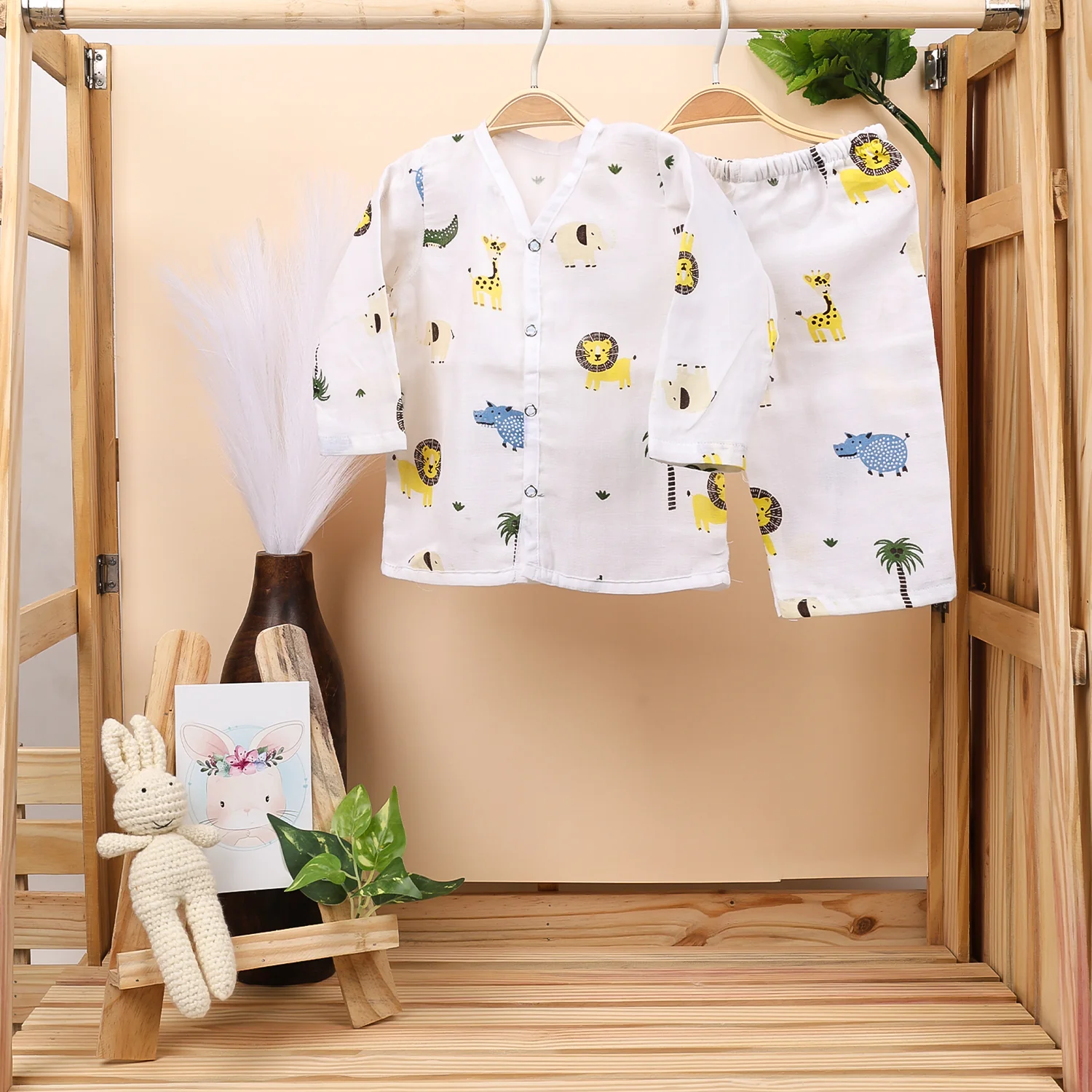 Baby Unisex Organic Cotton Muslin Full Sleeves Jhabla & Payjama | Lion, Flamingo | Set of 2 - Image 3
