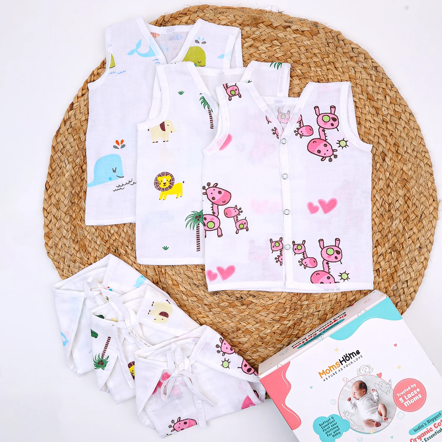 Baby Unisex Organic Cotton Muslin Jhabla and Nappy Set | Whale, Lion Jungle, Pink Giraffe | Pack of 3 - Image 3