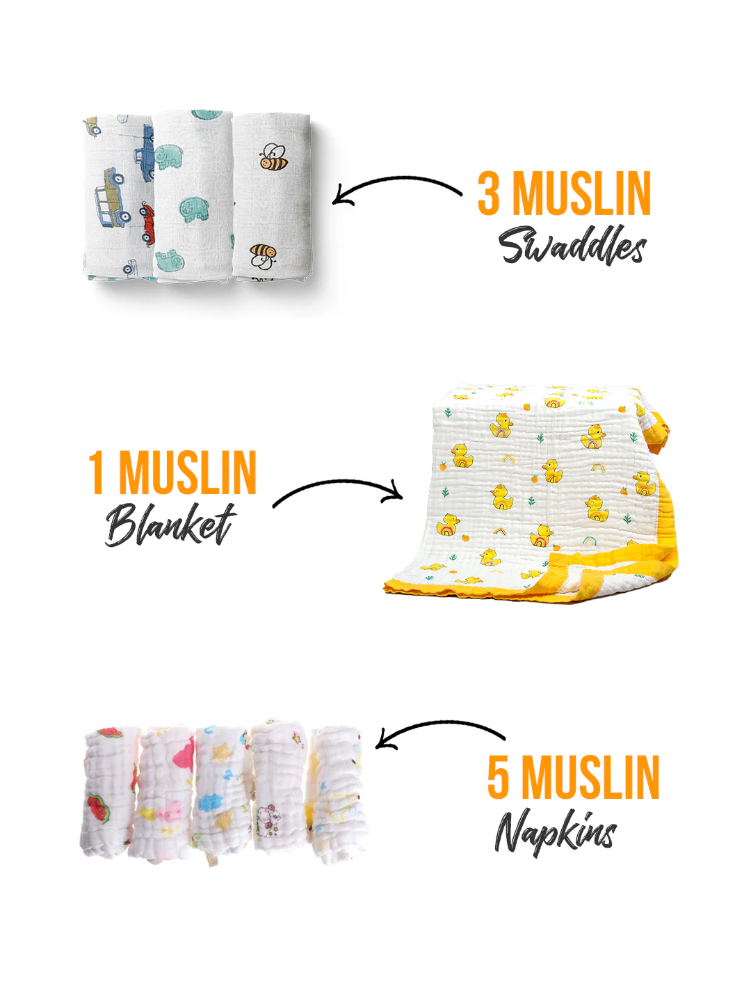 BABY UNISEX SUPERSOFT  ORGANIC COTTON MUSLIN -9 PIECES GIFT SET - Image 3