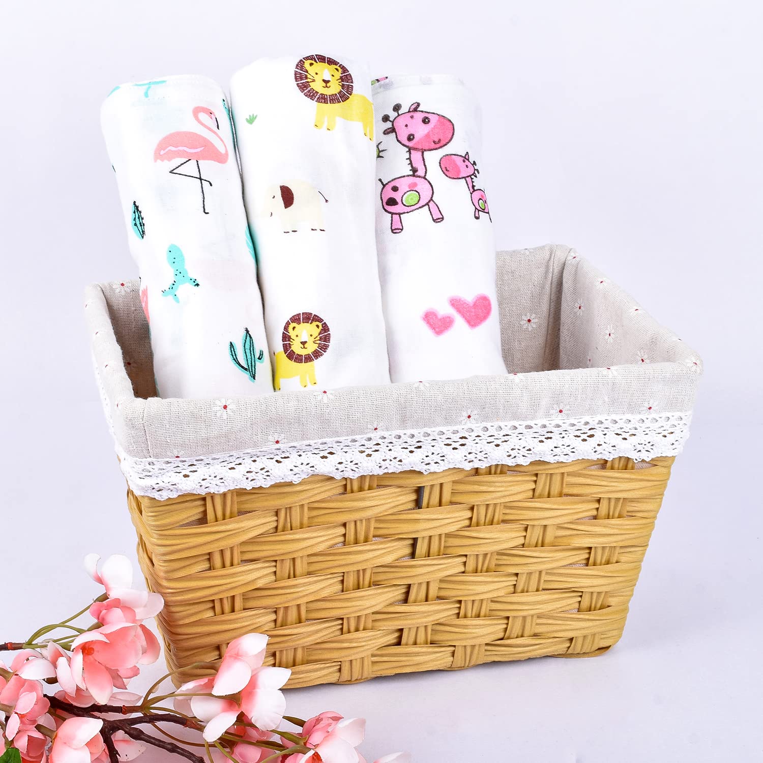 Baby Swaddle Wrap Organic Muslin cotton - 100x100 cm - Pack of 3 -Pink Giraffe, Flemingo, Jungle - Image 3