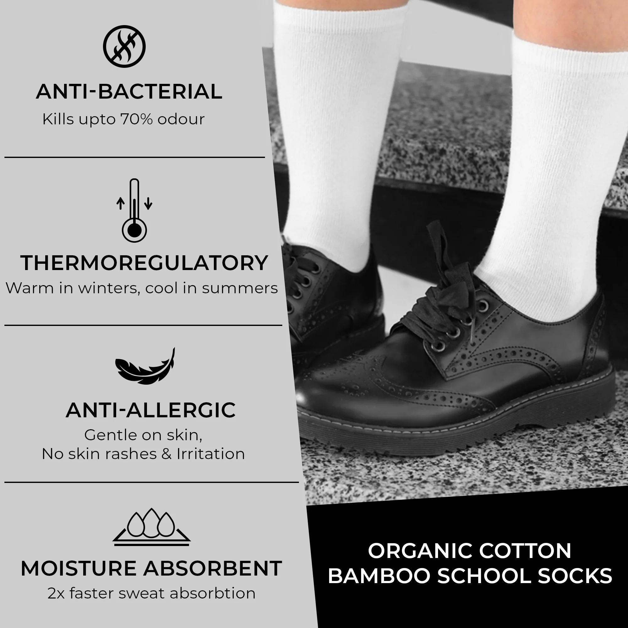 Kids Organic Cotton School Socks - Unisex - Calf length- Pack of 3 (Black and White)- Extra soft and Breathable - Image 6
