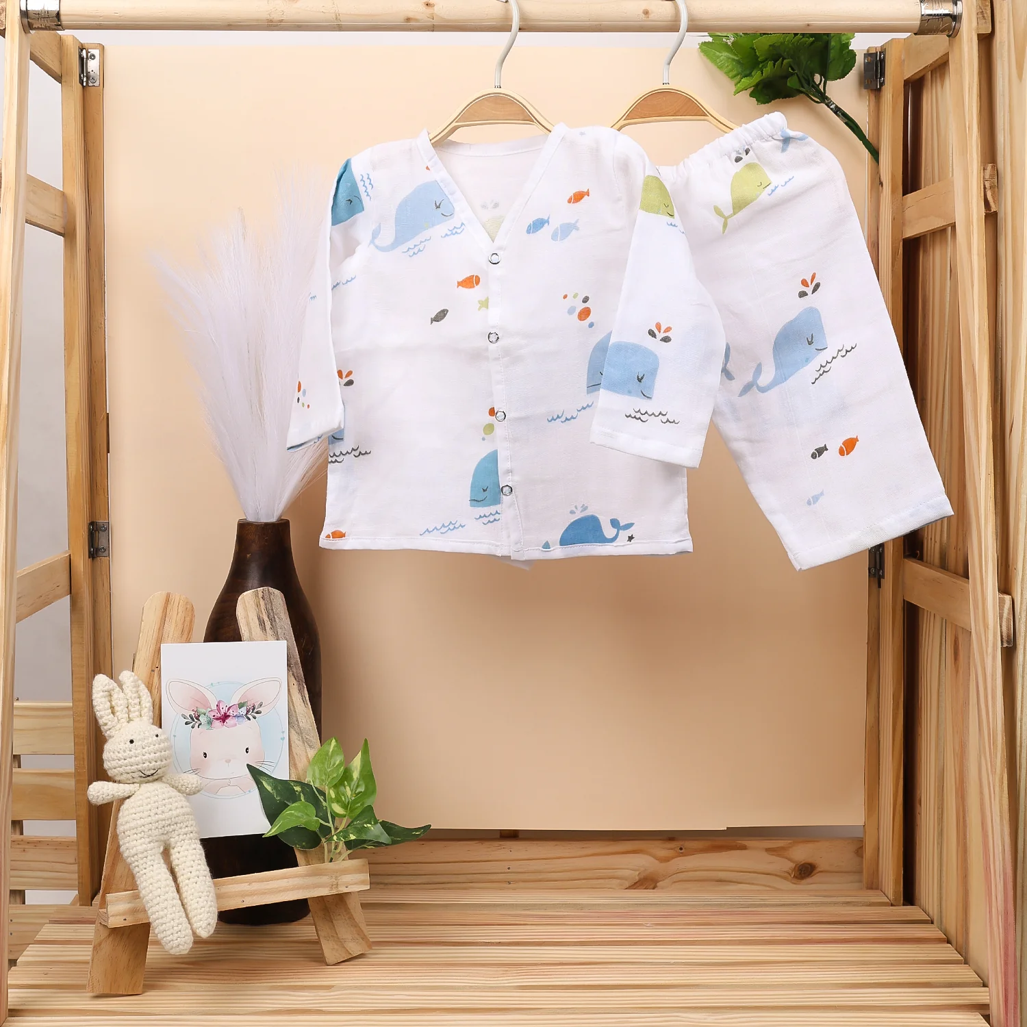 Baby Unisex Organic Cotton Muslin Full Sleeves Jhabla & Payjama | Blue Whale | Set of 1 - Image 3