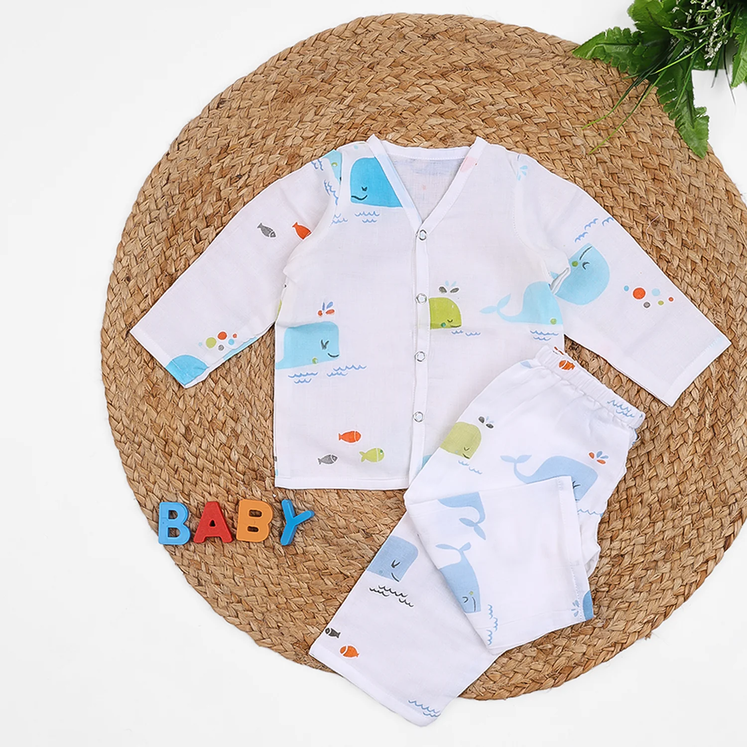 Baby Unisex Organic Cotton Muslin Full Sleeves Jhabla & Payjama | Blue Whale | Set of 1 - Image 4