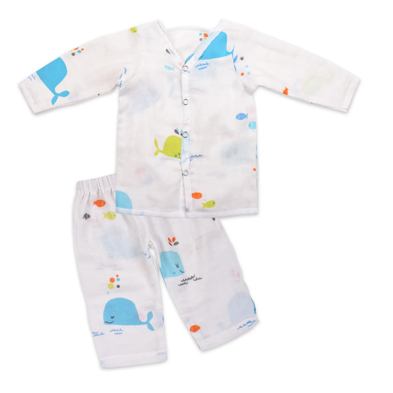 Baby Unisex Organic Cotton Muslin Full Sleeves Jhabla & Payjama | Blue Whale | Set of 1 - Image 5