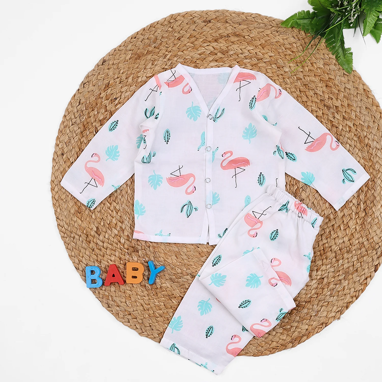 Baby Unisex Organic Cotton Muslin Full Sleeves Jhabla & Payjama | Flamingo | Set of 1 - Image 4