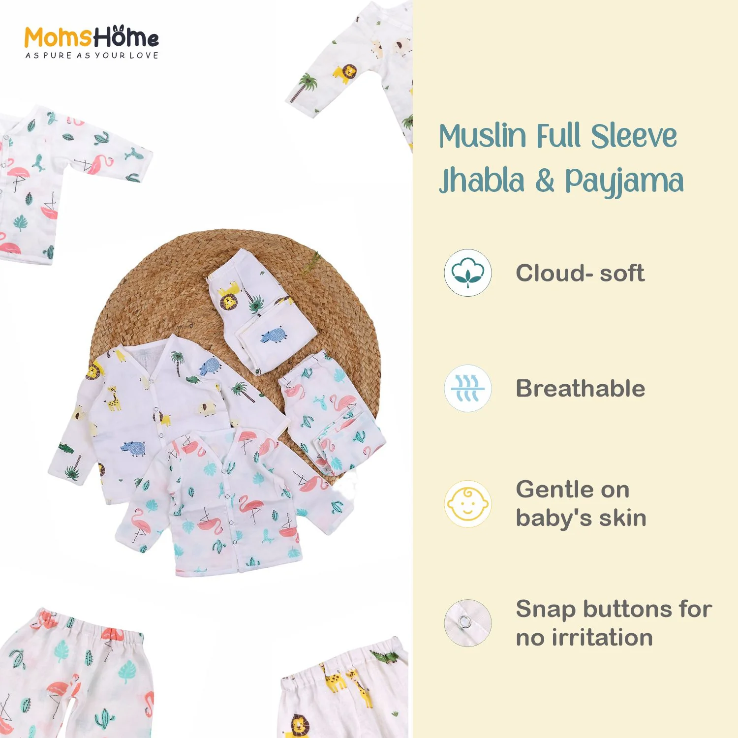 Baby Unisex Organic Cotton Muslin Full Sleeves Jhabla & Payjama | Lion | Set of 1 - Image 9