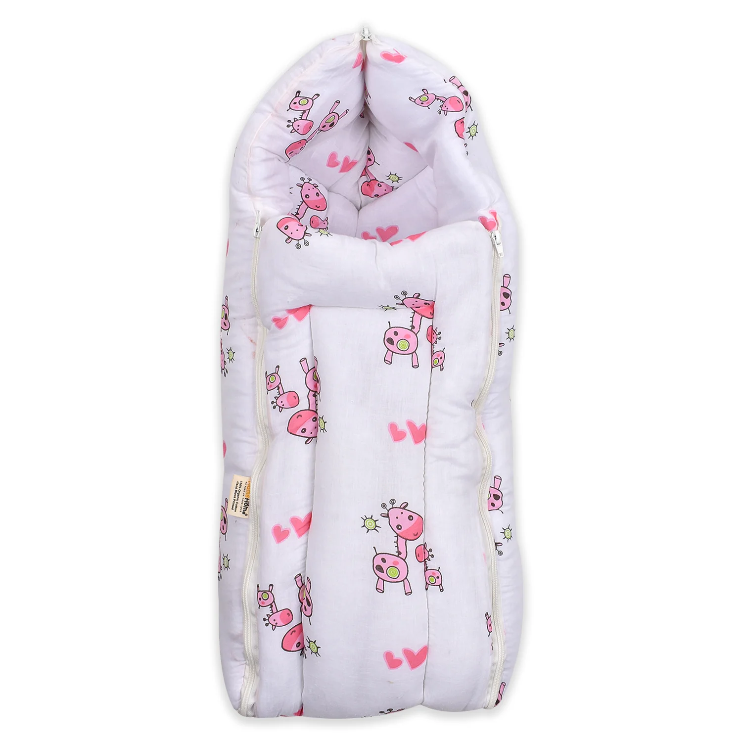 Baby Organic Cotton Muslin Sleeping cum Carrying Nest Bag- Pink Giraffe- 0-3 Months - Image 3