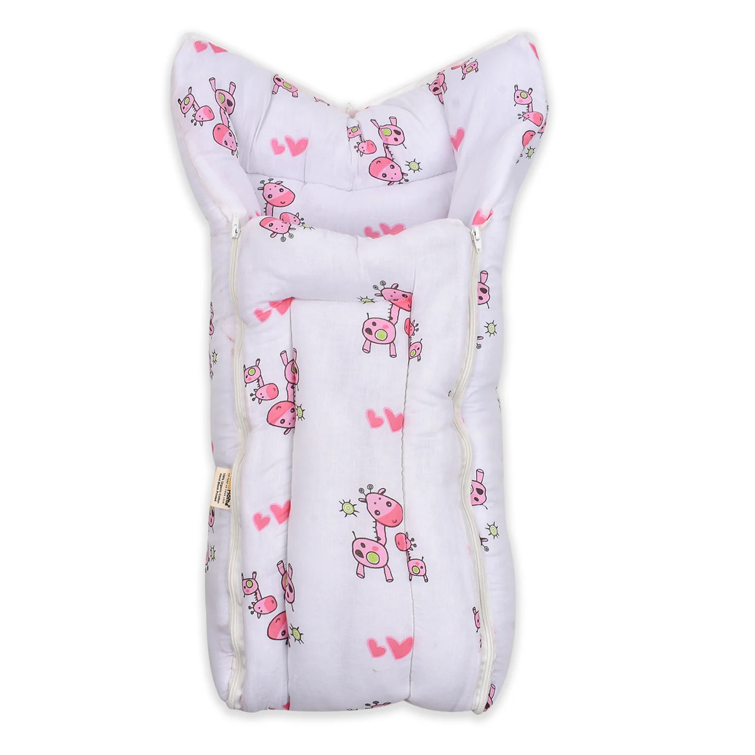 Baby Organic Cotton Muslin Sleeping cum Carrying Nest Bag- Pink Giraffe- 0-3 Months - Image 6