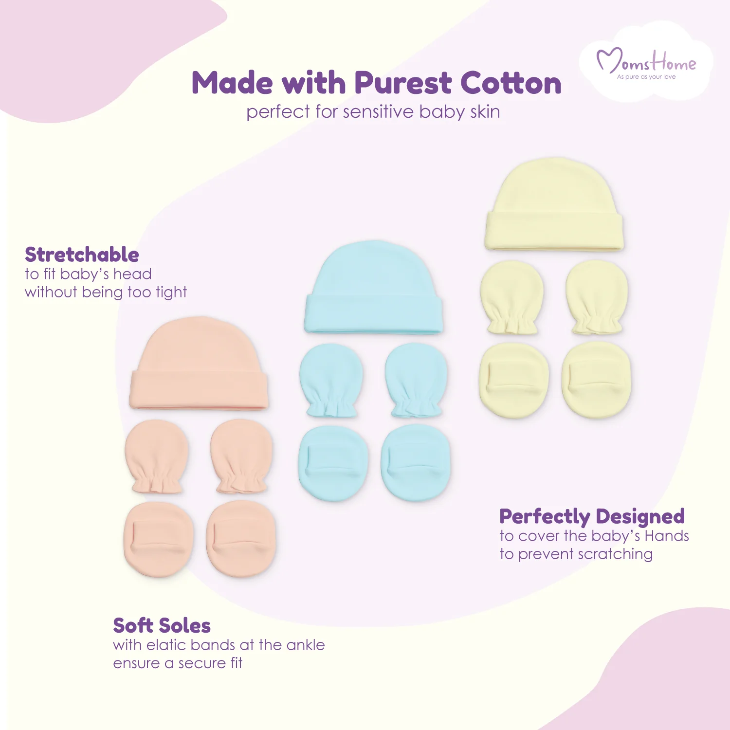 New Born Baby Cap Mitten Bootie Set | 0-3 Months | Mixed Color | Pack of 3 - Image 3
