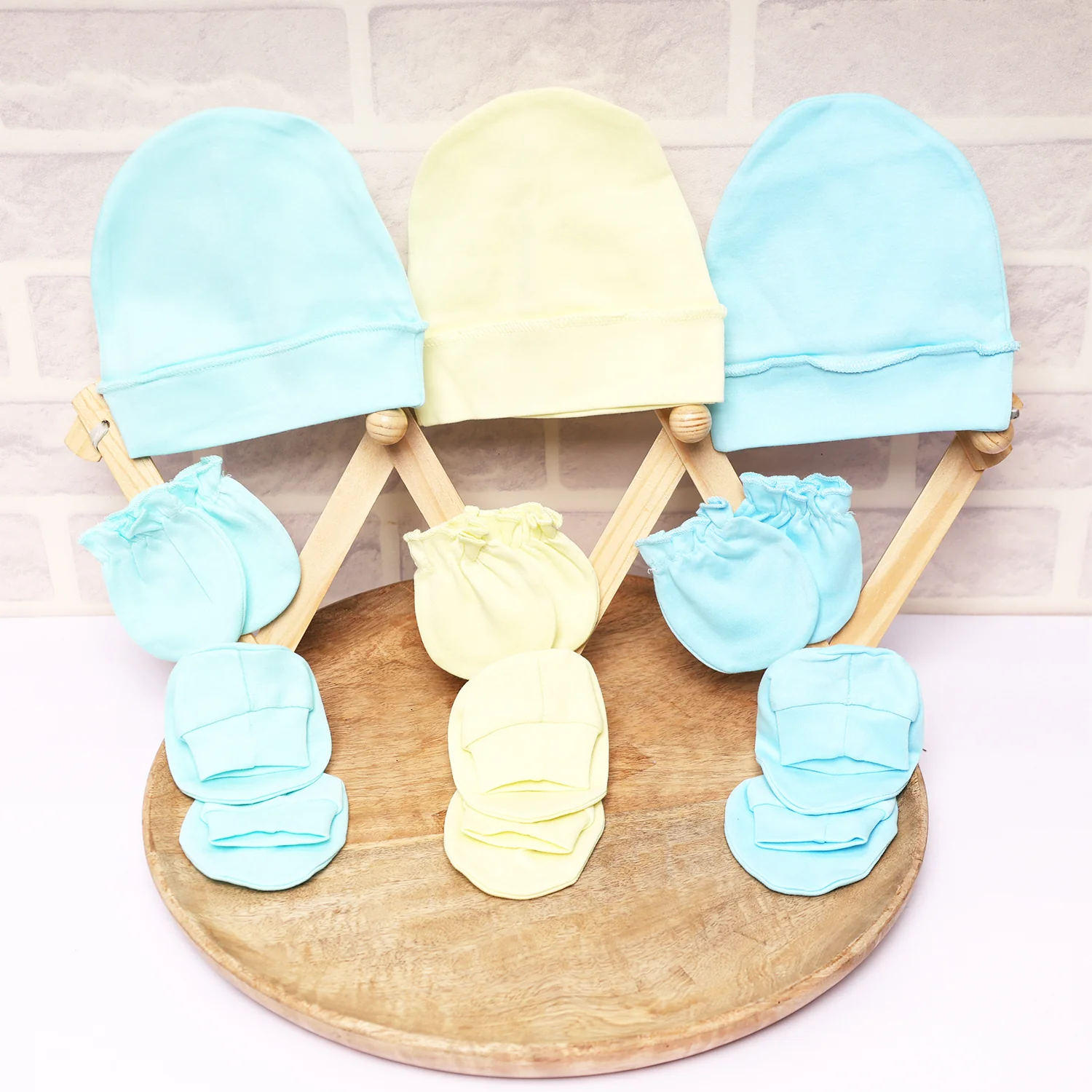 New Born Baby Cap Mitten Bootie Set | 0-3 Months | Yellow & Blue | Pack of 2 - Image 5