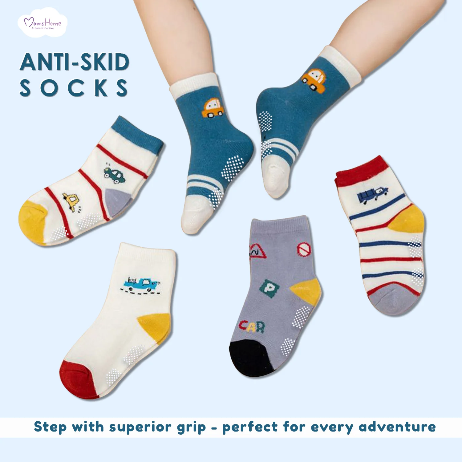 Organic Cotton Anti-Skid Socks for Boys & Girls | Non-Slip Grip Socks | Mixed Prints & Designs | Pack of 2 - Image 4