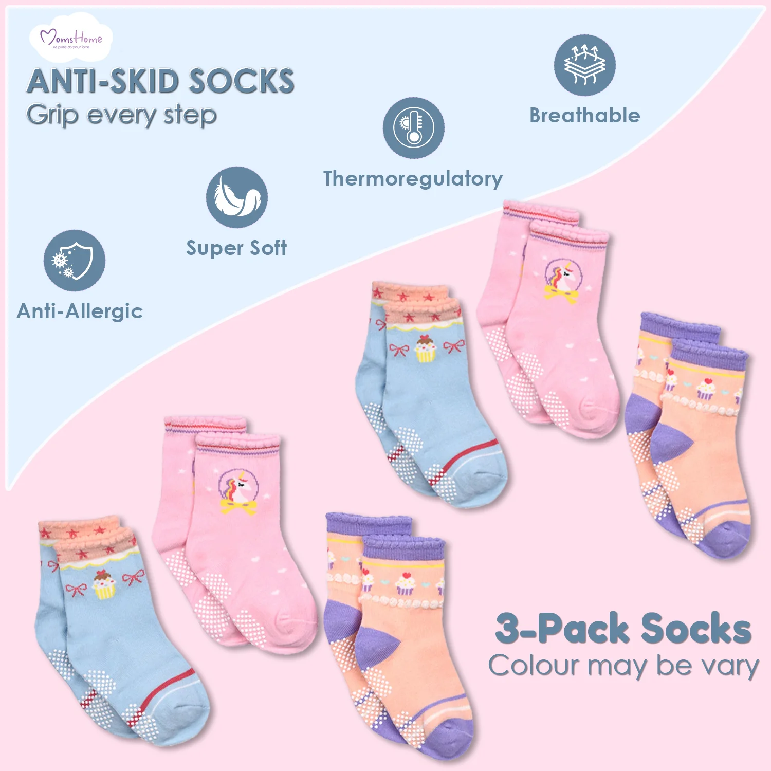 Organic Cotton Anti-Skid Socks for Girls | Non-Slip Grip Socks | Mixed Prints & Designs | Pack of 3 - Image 3