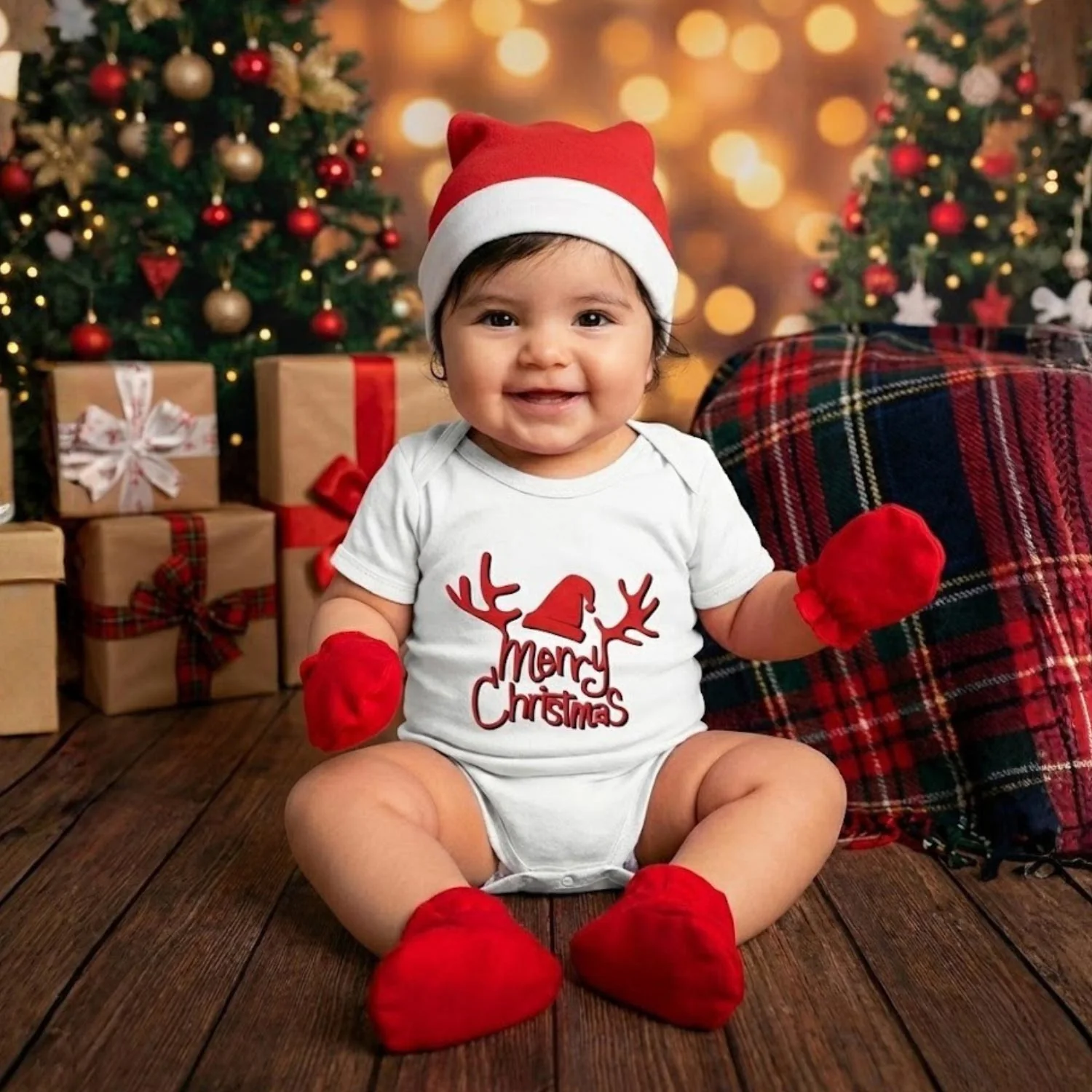Organic Cotton Baby Christmas Dress | Christmas Clothing Set For Baby | Baby Onesie & Cap, Mittens , Botties Set | 0-3 Months | Pack of 4 - Image 2
