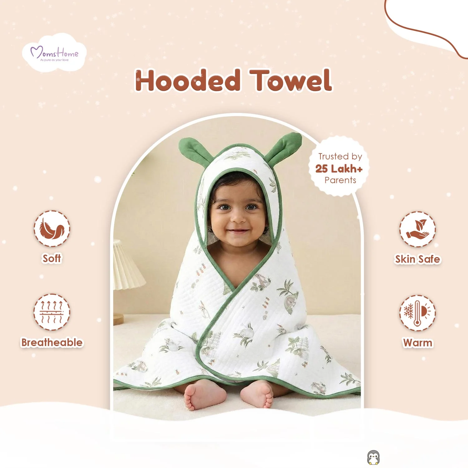 Organic Cotton Baby Hooded Bath Towel With Band | Super Soft & Quick Dry Newborn Towel | 0-18 Months - Image 3