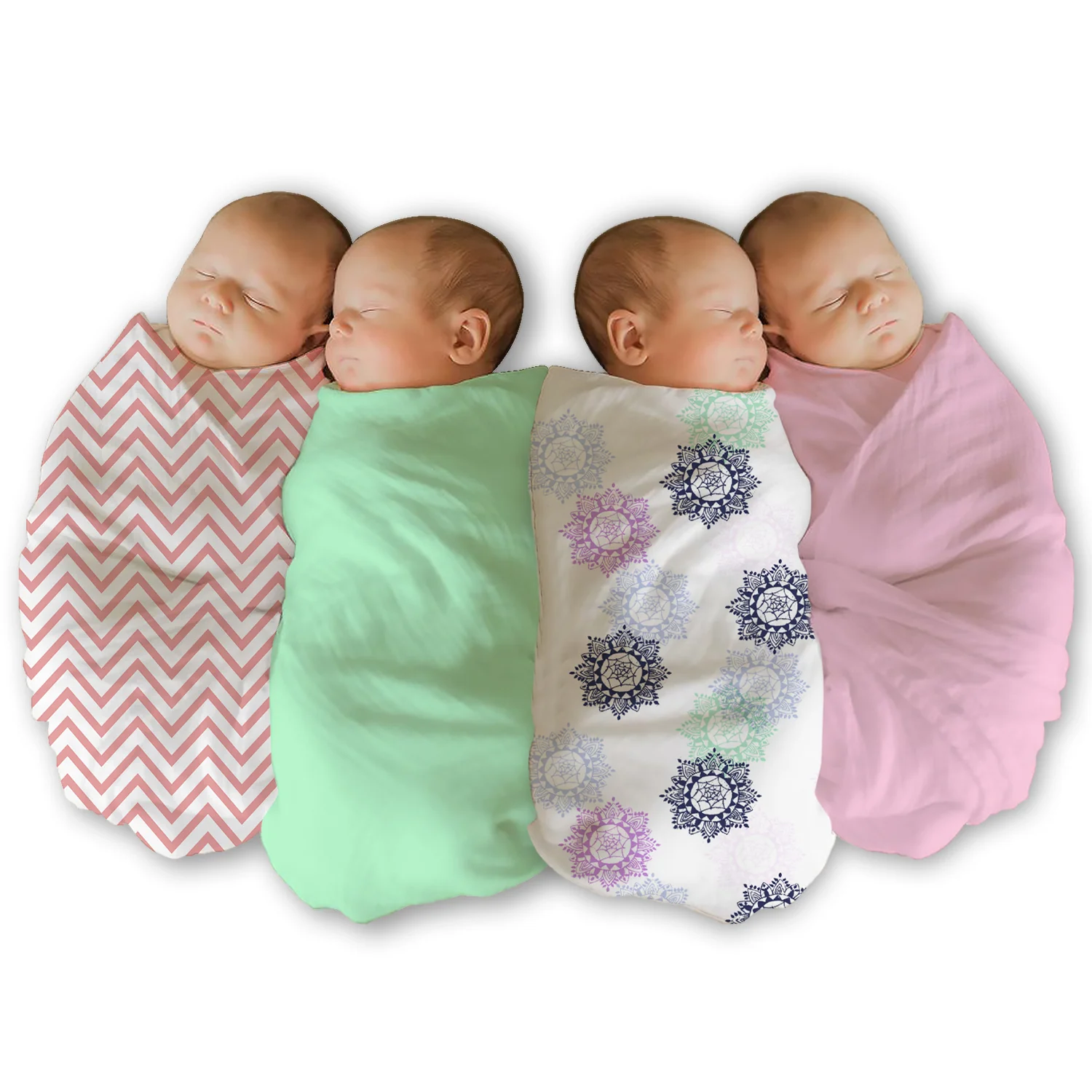 Organic Cotton Baby Muslin Cloth Swaddle | 0-12 Months | 100x100 CM | Pink Mandala, Zig Zag, Green Solid & Pink Solid | Pack of 4 - Image 2