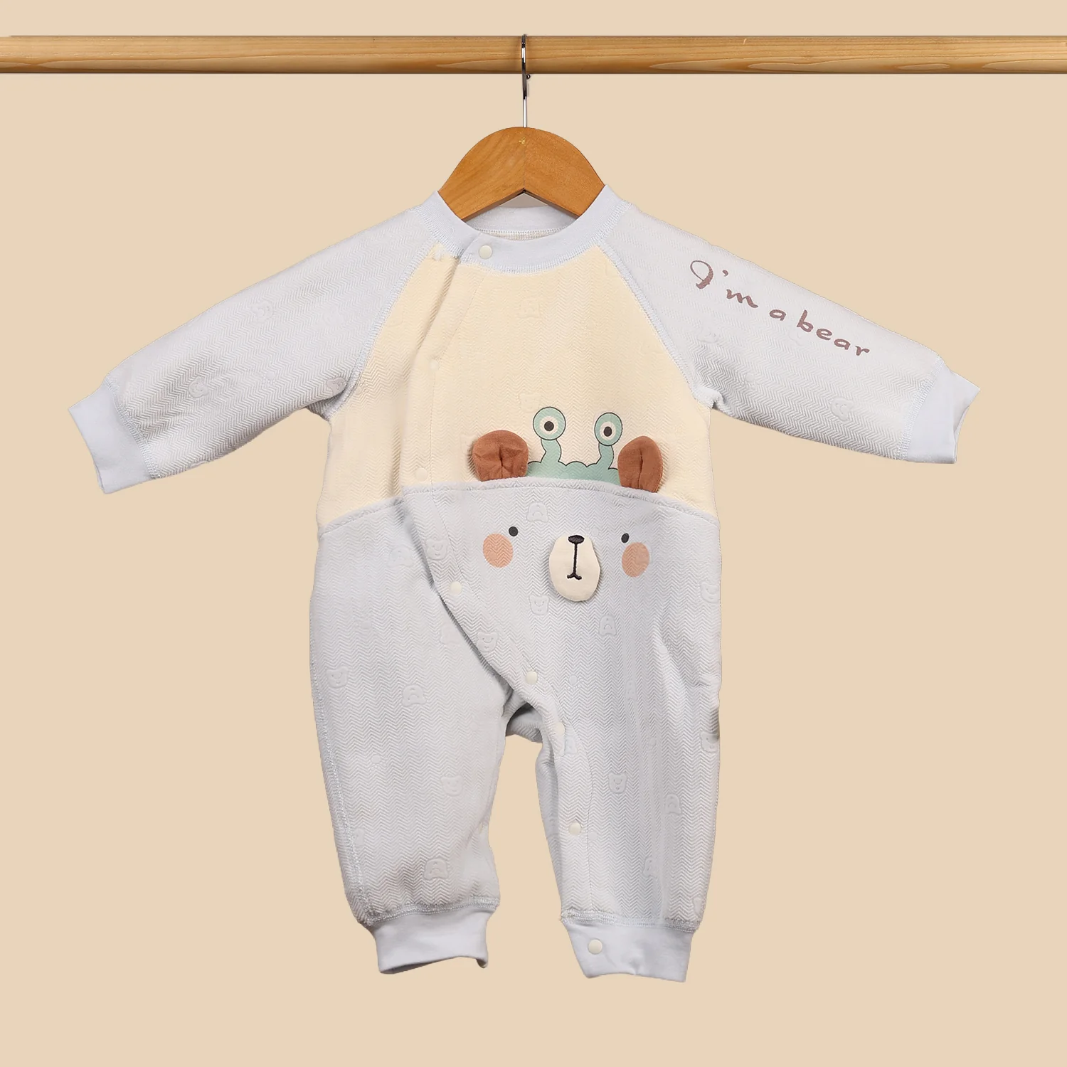 Organic Cotton Full Body Winter Romper for Babies | Soft & Warm Baby Romper | Bear | 0-6 Months | Pack of 1 - Image 2