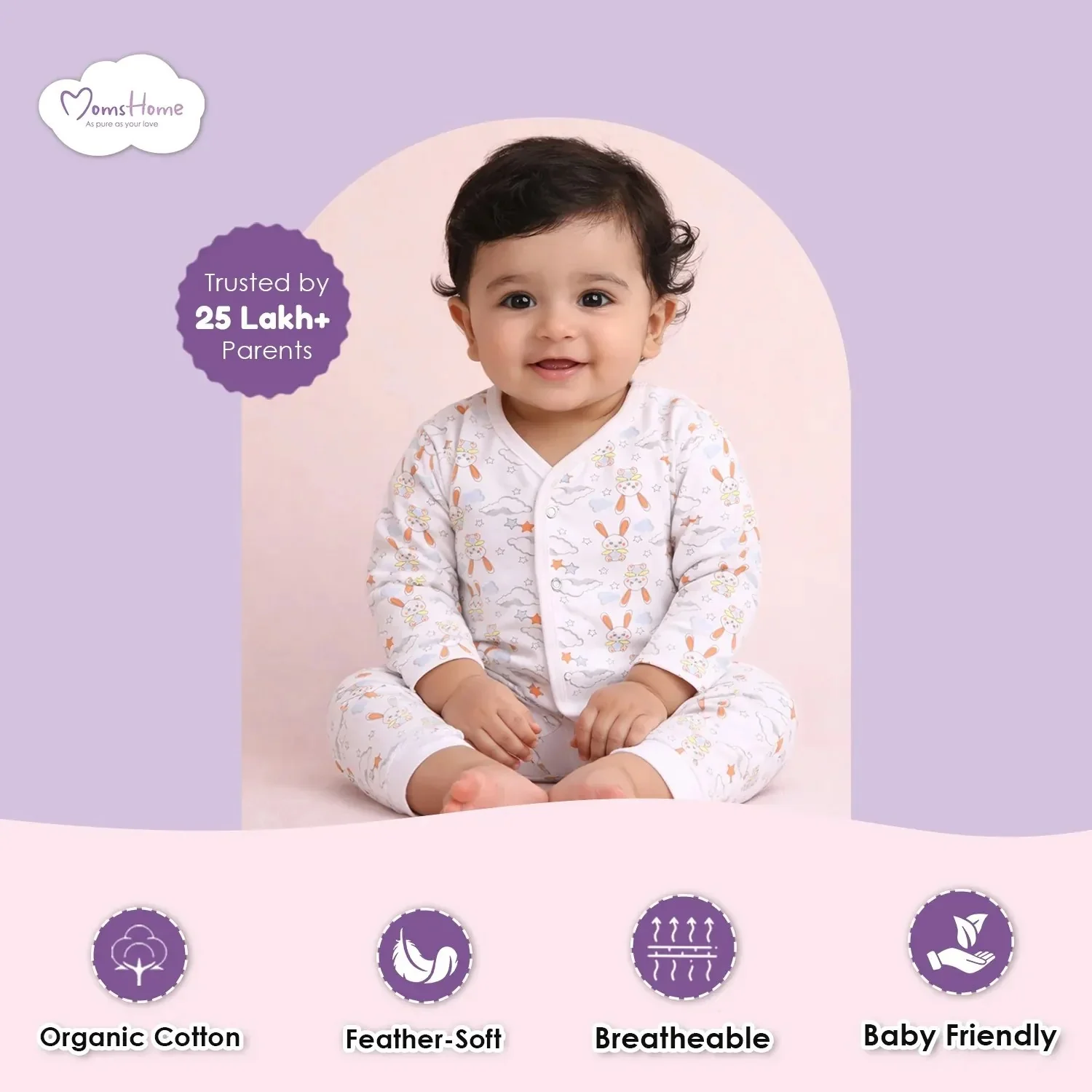 Organic Cotton Jhabla & Pyjama For New Born | Full Sleeve Baby Jabla and Baby Pajama Co-Ord Set | Bunny | Set of 1 - Image 3
