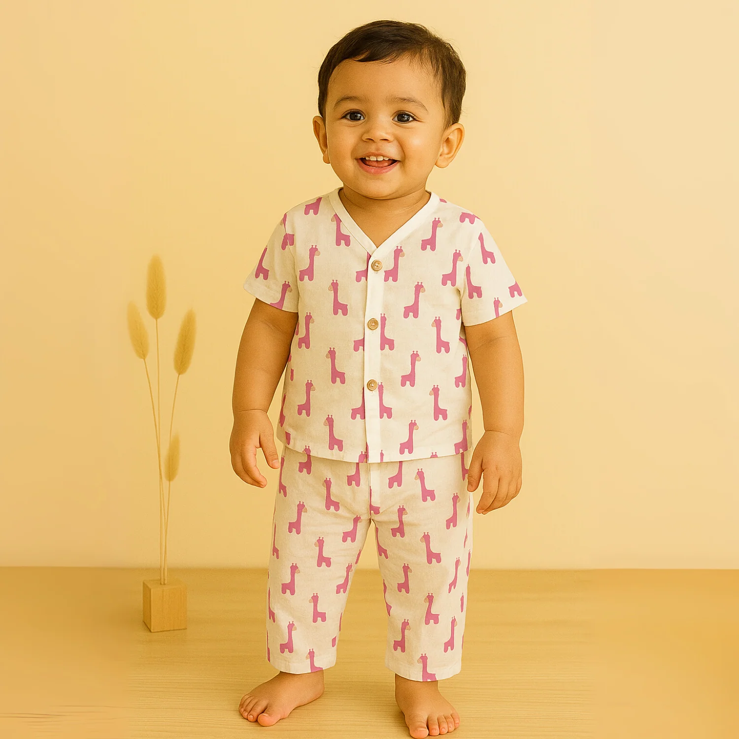 Organic Cotton Muslin Jhabla and Pant Set | Muslin Clothing For Newborn Babies | Half Sleeve Baby Jabla and  Baby Pajama Co-Ord Set | Giraffe | Set of 1 - Image 2