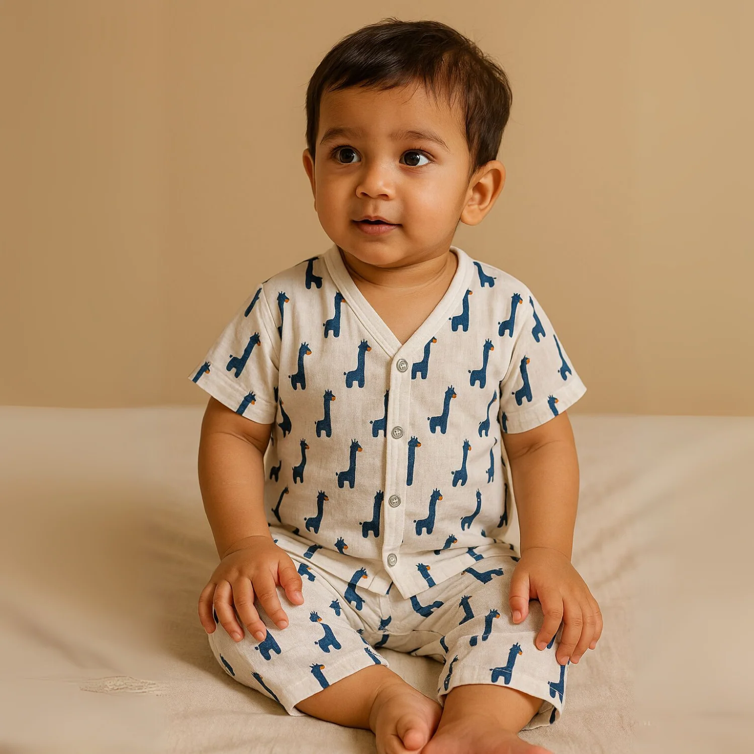 Organic Cotton Muslin Jhabla and Pant Set | Muslin Clothing For Newborn Babies | Half Sleeve Baby Jabla and  Baby Pajama Co-Ord Set | Giraffe | Set of 1 - Image 3