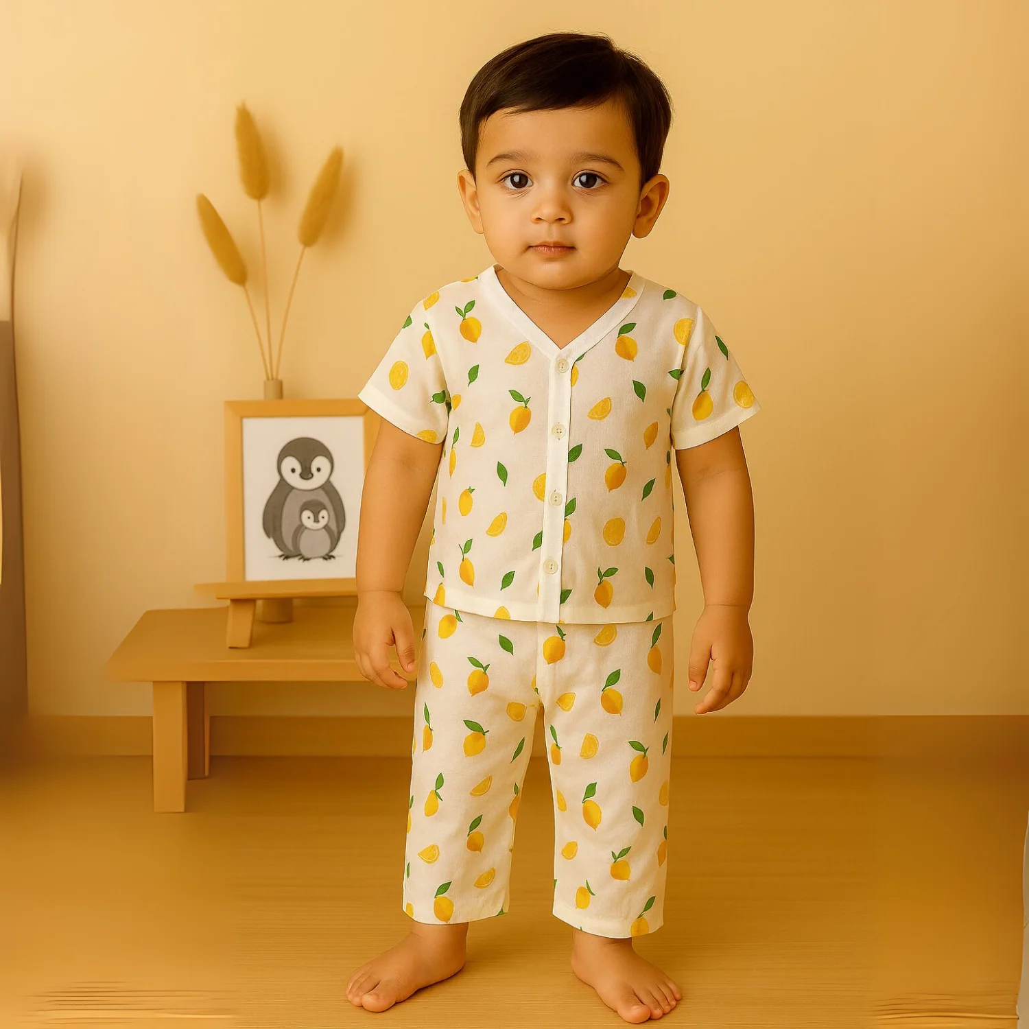 Organic Cotton Muslin Jhabla and Pant Set | Muslin Clothing For Newborn Babies | Half Sleeve Baby Jabla and  Baby Pajama Co-Ord Set | Set of 1 - Image 2