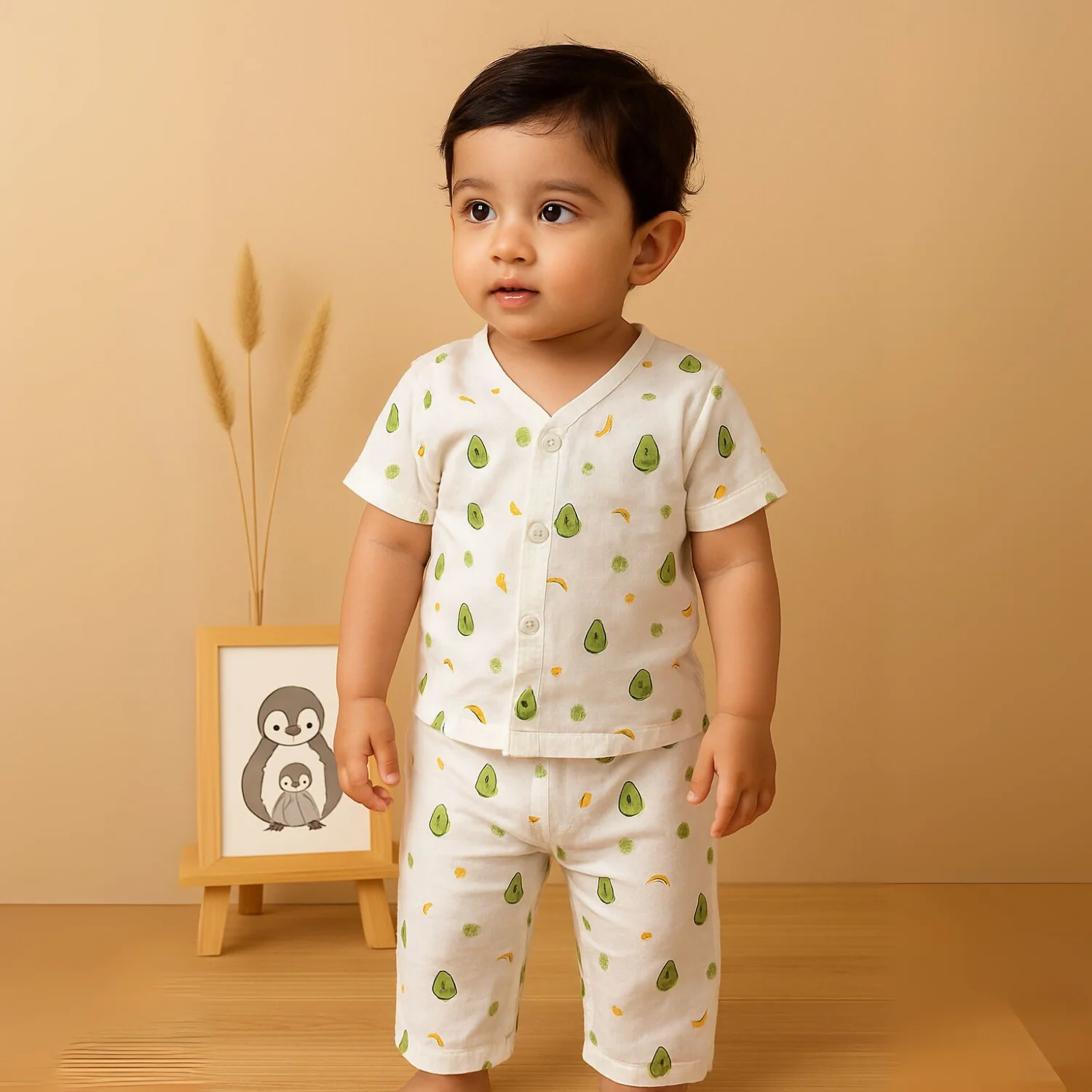 Organic Cotton Muslin Jhabla and Pant Set | Muslin Clothing For Newborn Babies | Half Sleeve Baby Jabla and  Baby Pajama Co-Ord Set | Set of 1 - Image 3