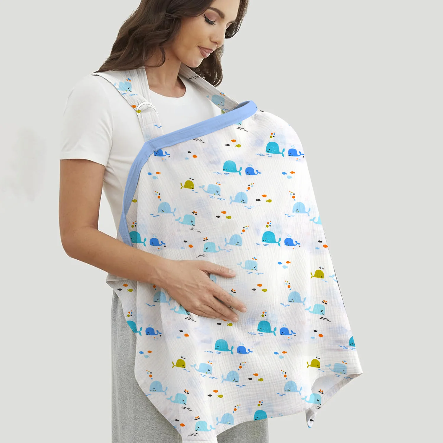 Organic Cotton Muslin Nursing Cover For Breastfeeding Feeding Apron - Blue Whale - Image 3