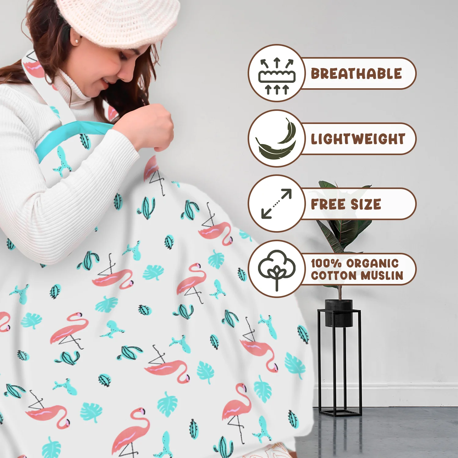 Organic Cotton Muslin Nursing Cover For Breastfeeding Feeding Apron - Flamingo - Image 10