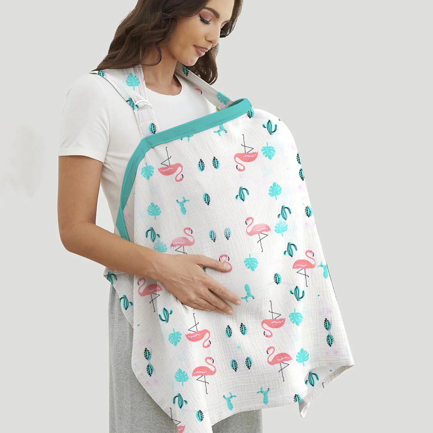 Organic Cotton Muslin Nursing Cover For Breastfeeding Feeding Apron - Flamingo - Image 4