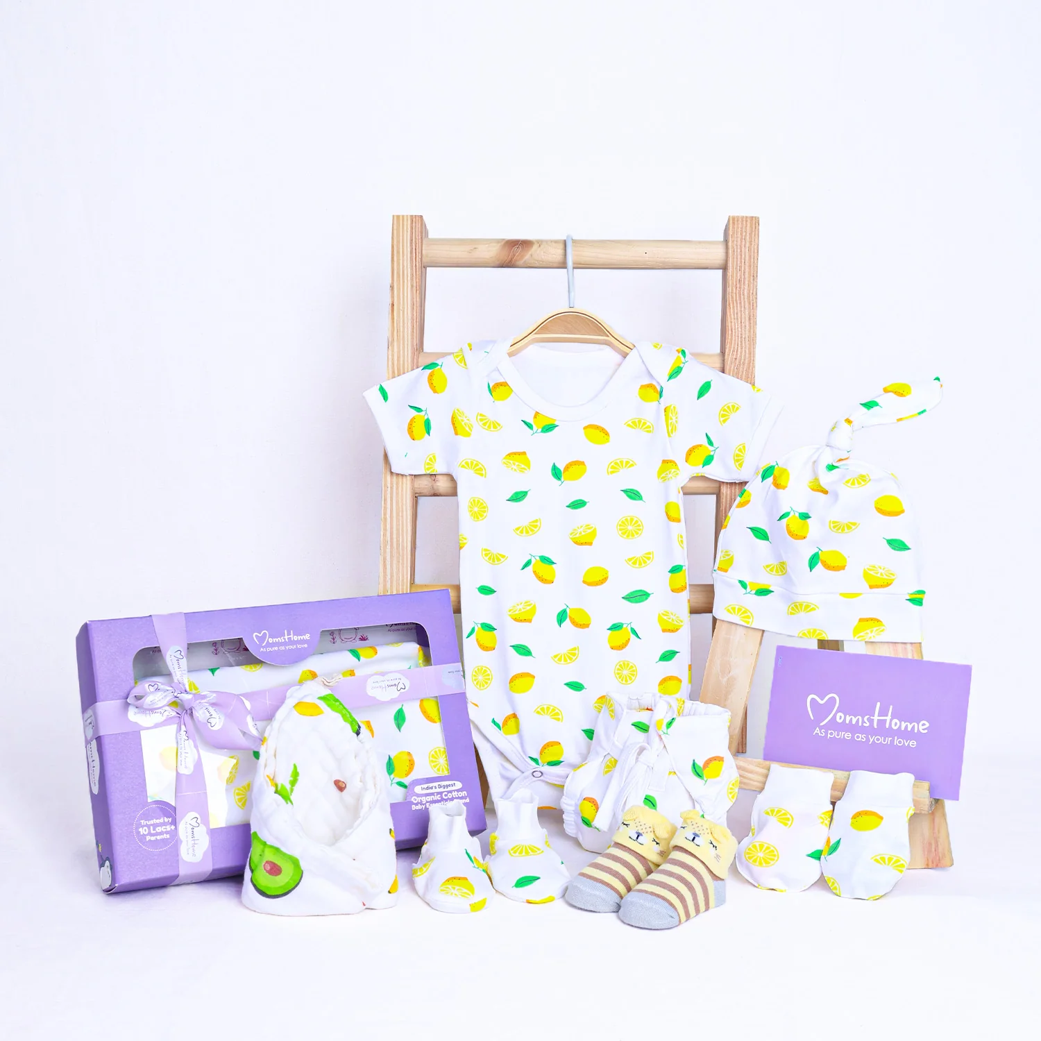 Organic Cotton Baby Essentials Gift Set | Baby Shower Gift Hamper | Baby Clothing Gift Combo | Lemon | Pack of 7 - Image 2