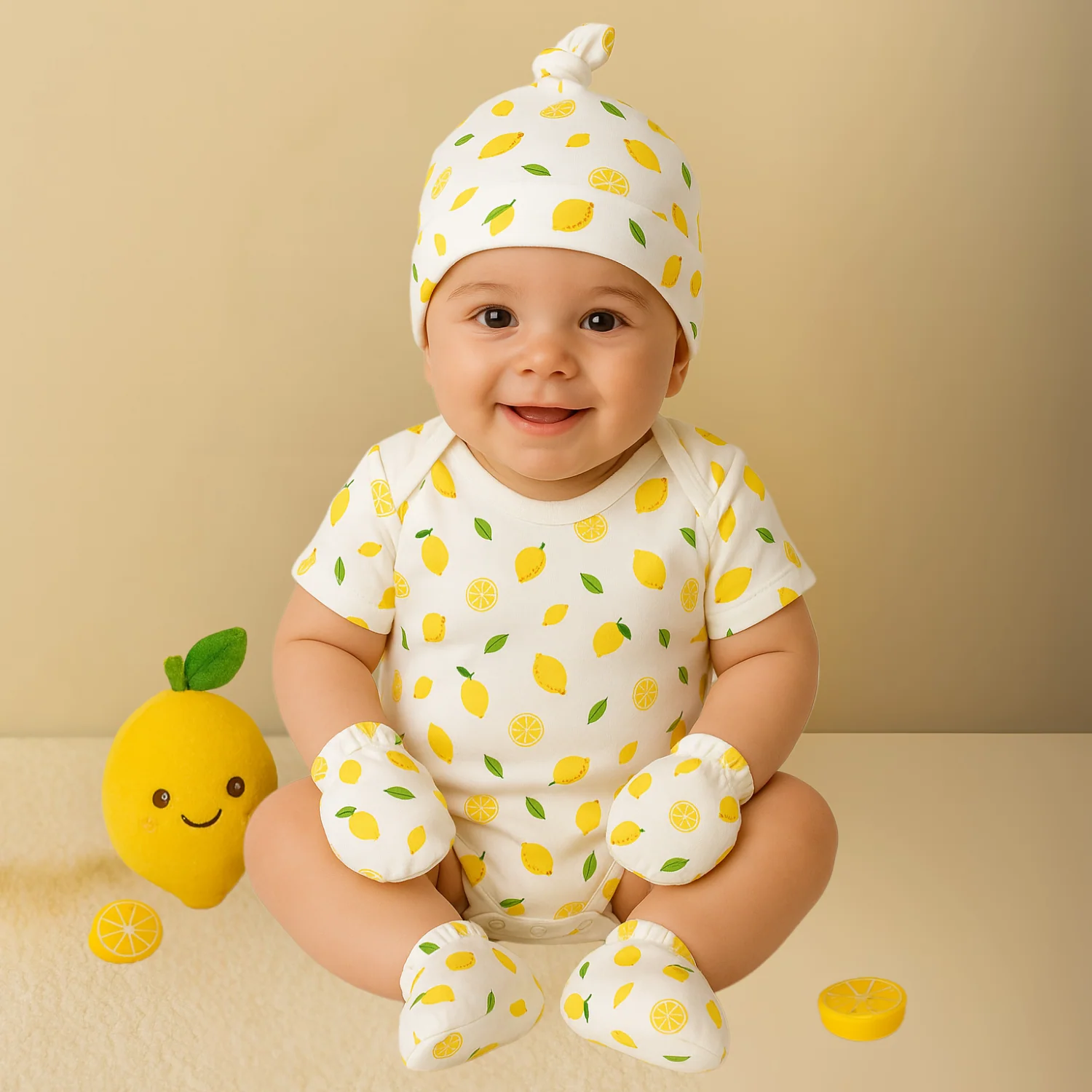 Organic Cotton Baby Essentials Gift Set | Baby Shower Gift Hamper | Baby Clothing Gift Combo | Lemon | Pack of 7 - Image 3