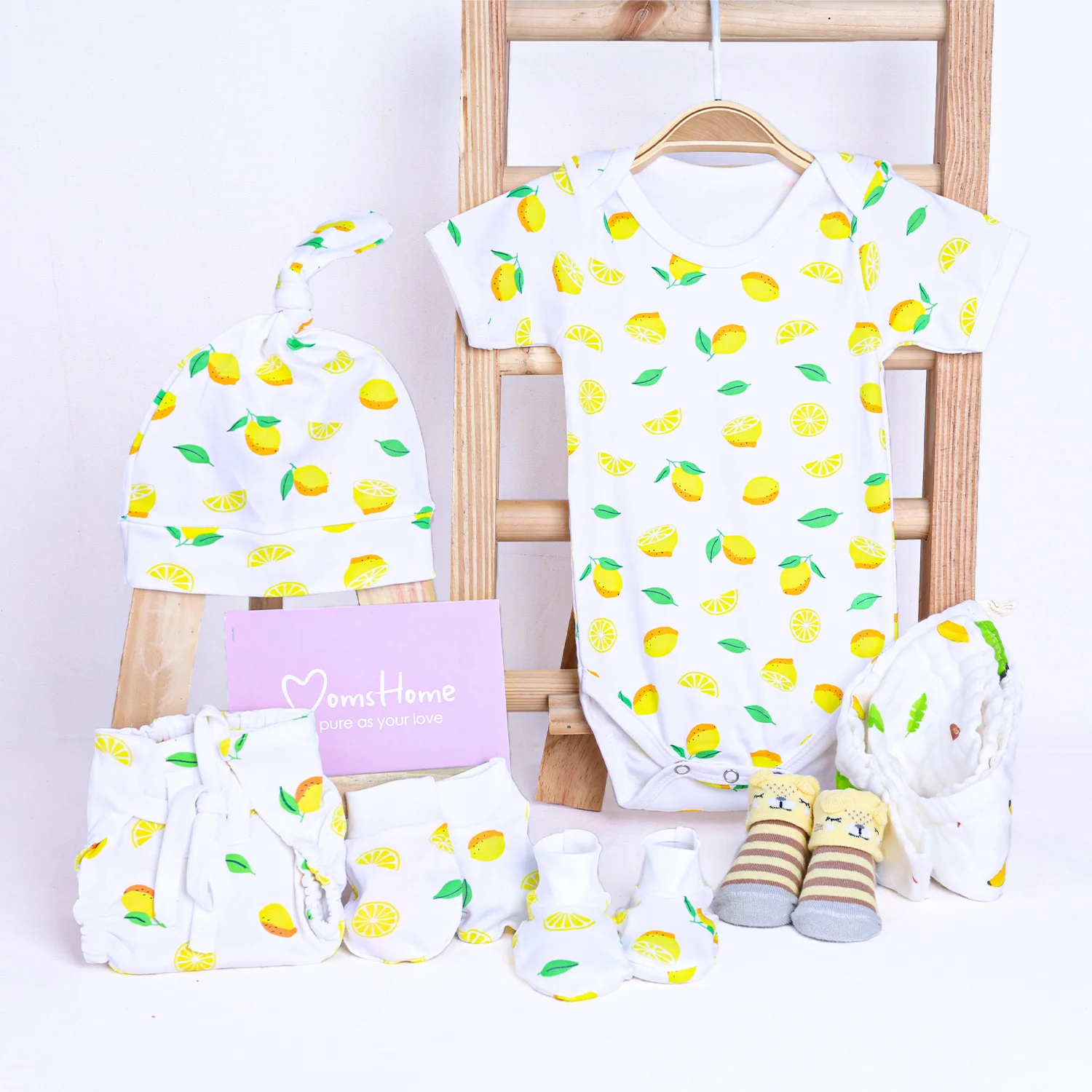 Organic Cotton Baby Essentials Gift Set | Baby Shower Gift Hamper | Baby Clothing Gift Combo | Lemon | Pack of 7 - Image 4