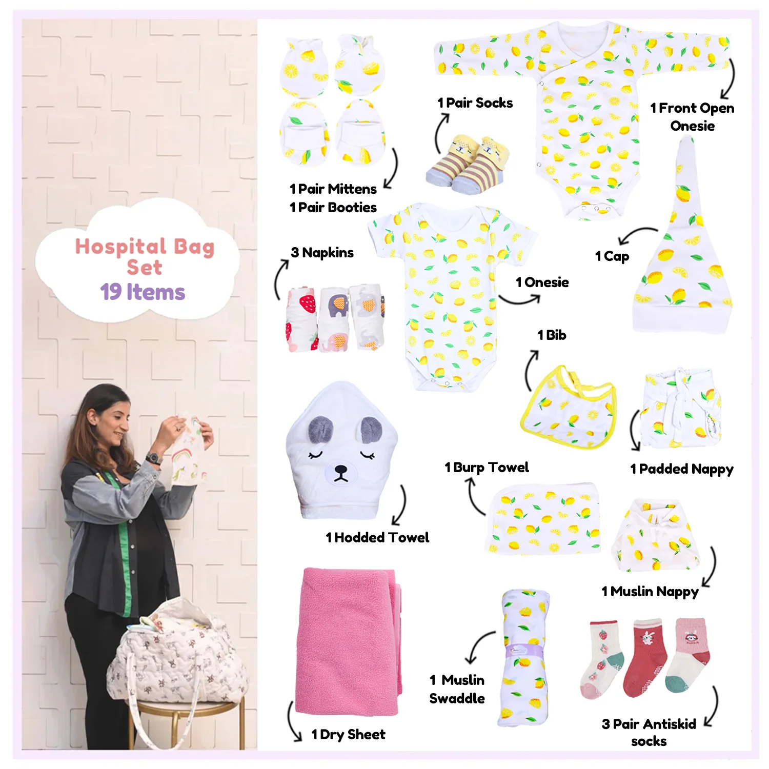 Organic Cotton New Born Baby Hospital Bag Kit | 0-6 Months | 19 Items | Lemon - Image 3