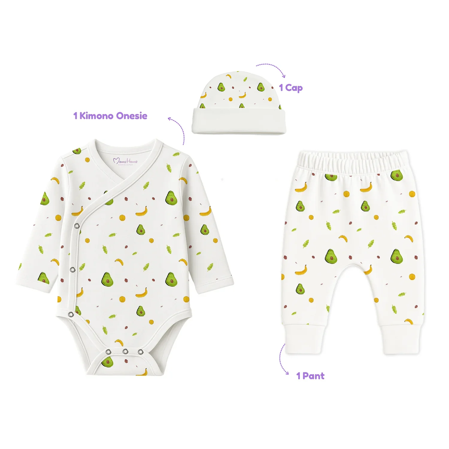 Organic Cotton Newborn Baby Clothing Set | Baby Shower Gift Hamper | Kimono Onesie, Pyjama & Cap Set | 0-6 Months | Pack of 3 - Image 2