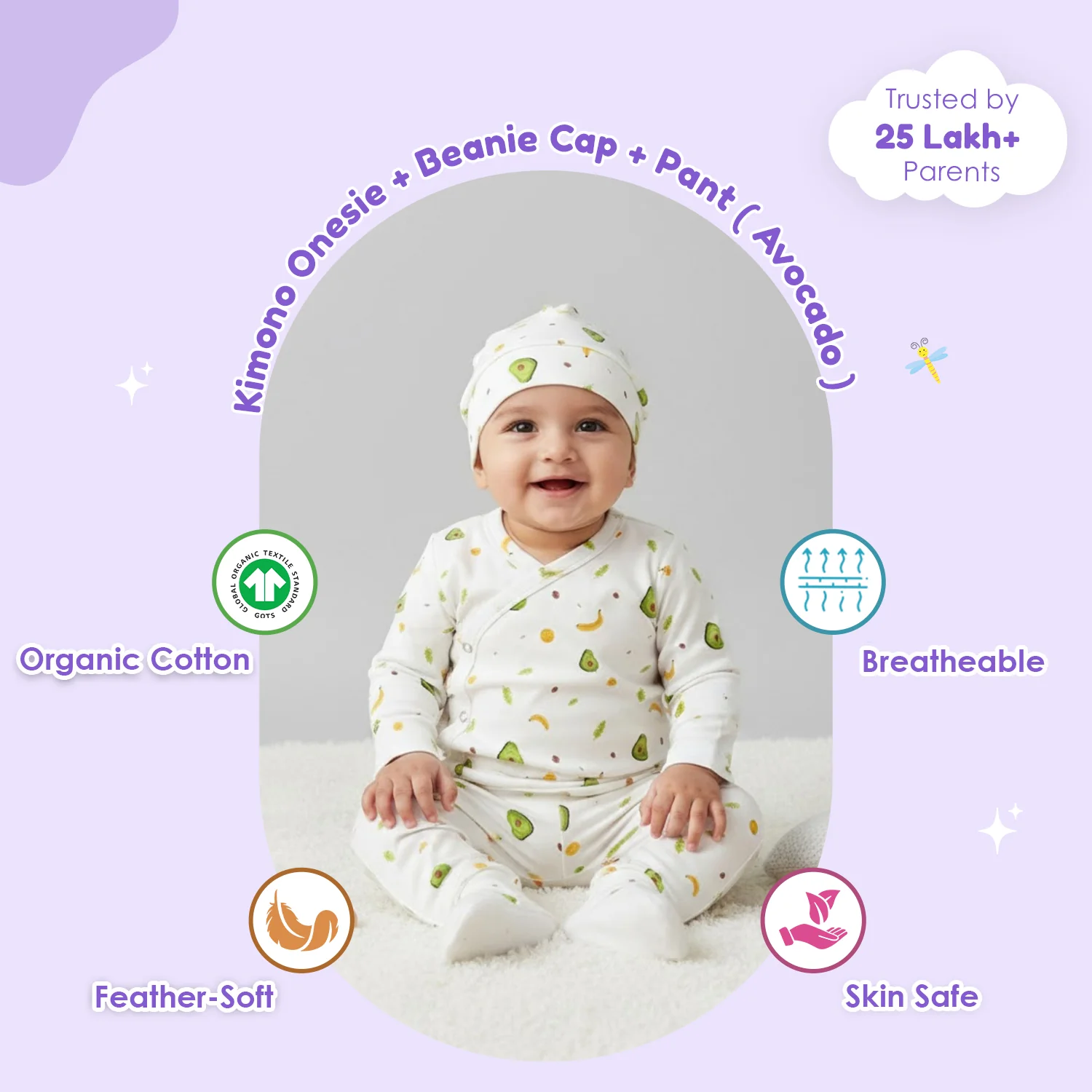 Organic Cotton Newborn Baby Clothing Set | Baby Shower Gift Hamper | Kimono Onesie, Pyjama & Cap Set | 0-6 Months | Pack of 3 - Image 3