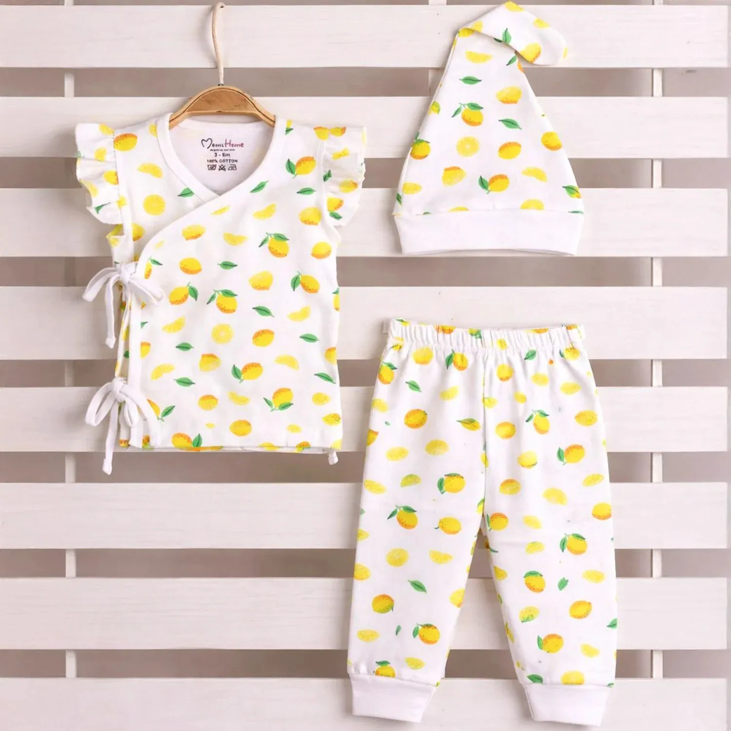 Organic Cotton Newborn Baby Clothing Set | Baby Shower Gift Hamper | Kimono Top, Pyjama & Cap Set | 0-6 Months | Pack of 3 - Image 2