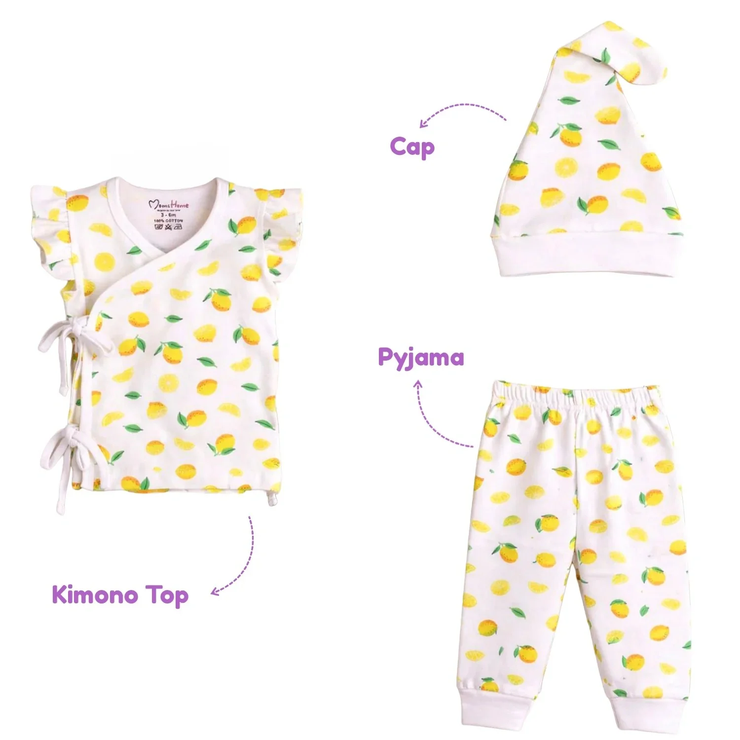Organic Cotton Newborn Baby Clothing Set | Baby Shower Gift Hamper | Kimono Top, Pyjama & Cap Set | 0-6 Months | Pack of 3 - Image 3
