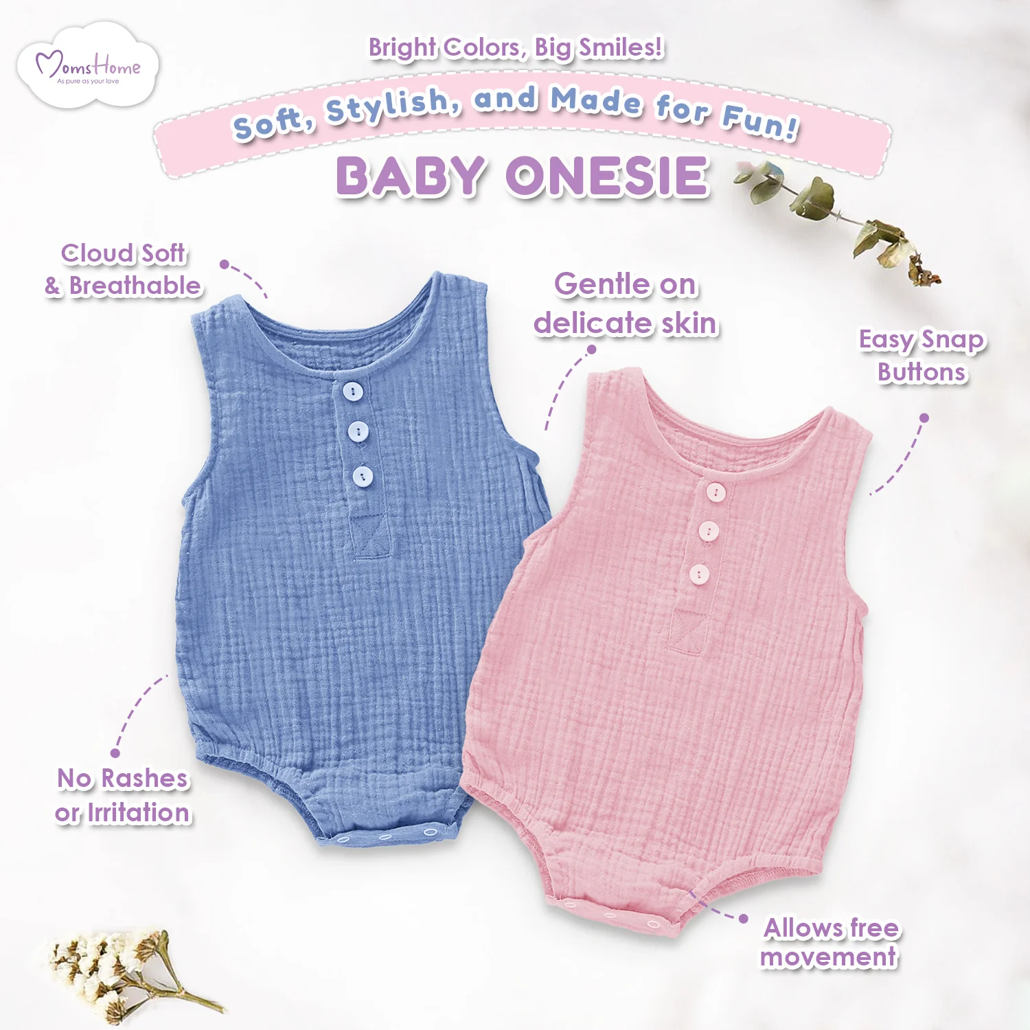 Baby Organic Cotton Onesie | White, Pink , Blue , Light Brown | Pack of 4 - Image 4